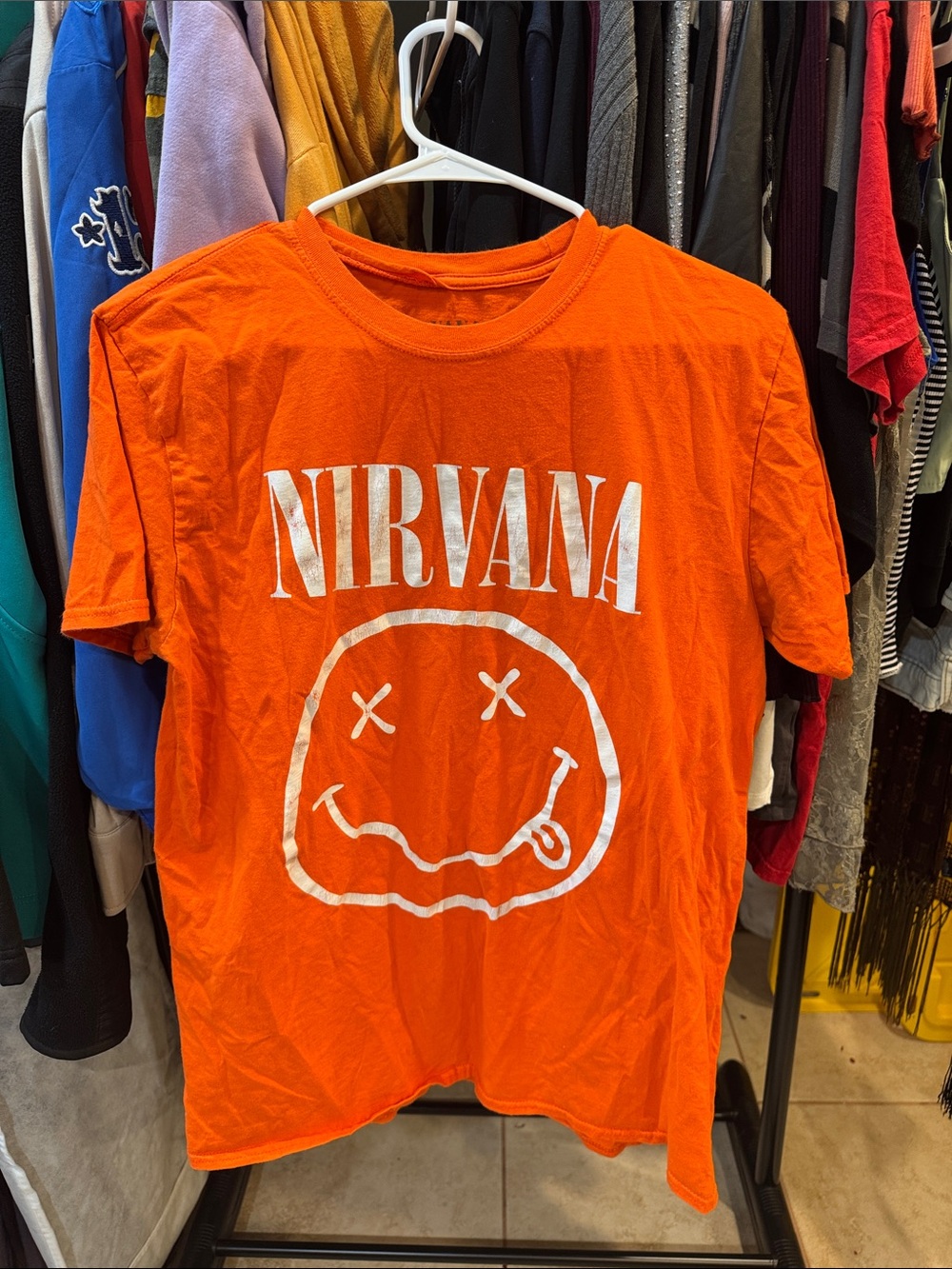 NIRVANA Orange Short-Sleeve Tee with White Smiley Logo